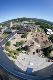 Construction in front of the library tower.