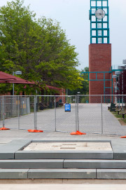 Construction in front of the library tower.
