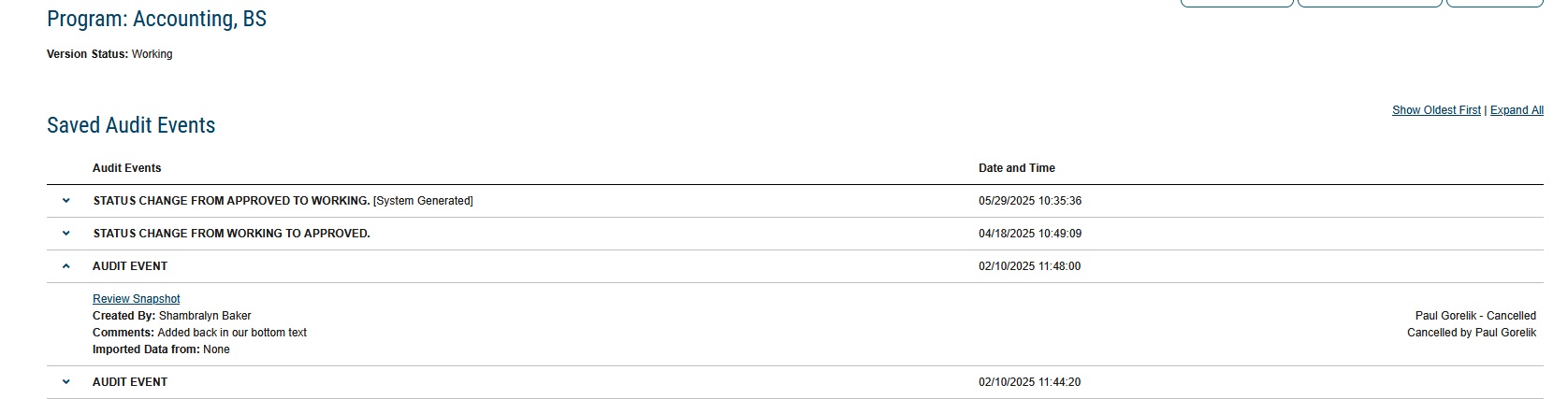 program page version auditing