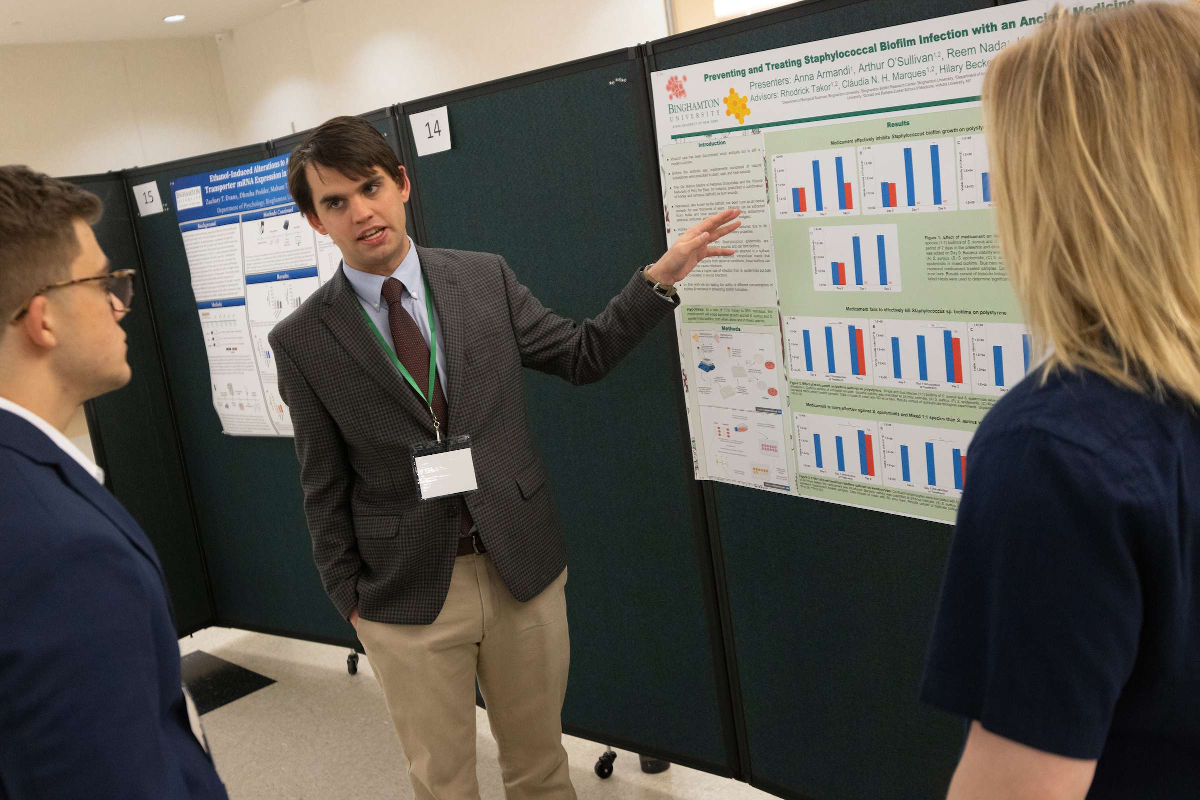 Arthur O’Sullivan ’24 discusses his findings during Binghamton Research Days in April. He's among the students who received Undergraduate Research Awards for their outstanding work.