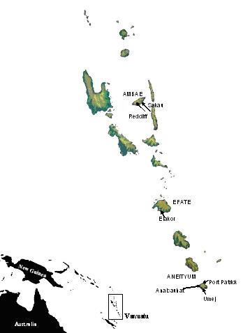 Map of Vanuatu showing its location relative to New Guinea and Australia.