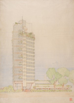 Frank Lloyd Wright (1867–1959), Architectural Drawing of H.C. Price Company Tower, ca. 1952, ink and colored pencil on tracing paper, 45 1/2 x 32 1/2 in. Art Bridges. Todora Photography.