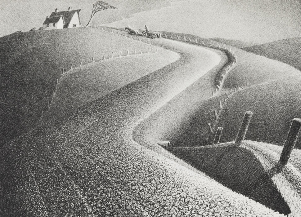 A lithograph by Grant Wood titled In the American Grain