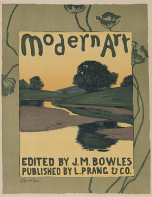 Vintage book cover with a landscape and the title 'Modern Art' in bold letters.
