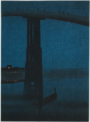 Blue painting featuring a bride over water with boats and people on top the bridge, Wood engraving