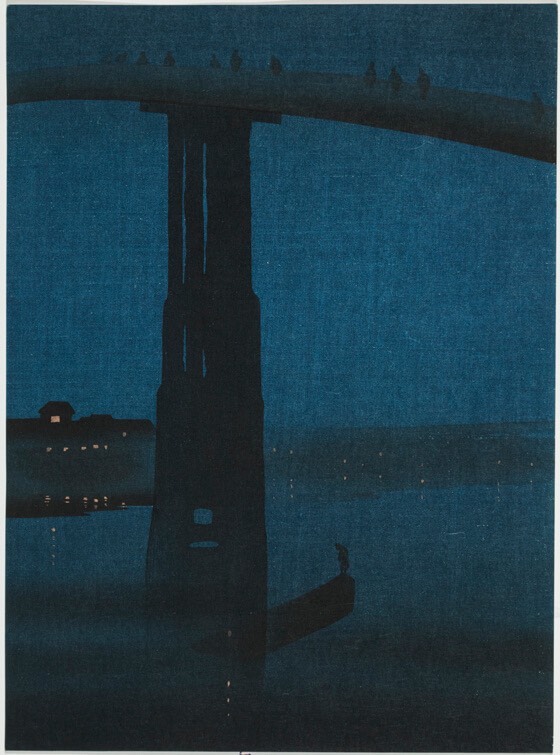 Woodblock engraving of high bridge at night