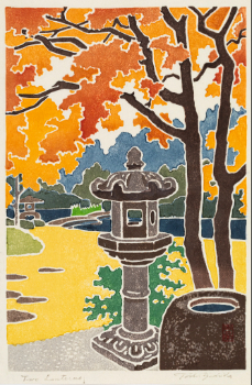Image of Toshi Yoshida (Japanese, 1911–1995), Two Lanterns (Futatsu no ishidoro), 1964. Polychrome woodblock print. Museum purchase with funds donated by Susan M. Reifer ’65 and Stanley J. Reifer ‘64 (2025.24.3)