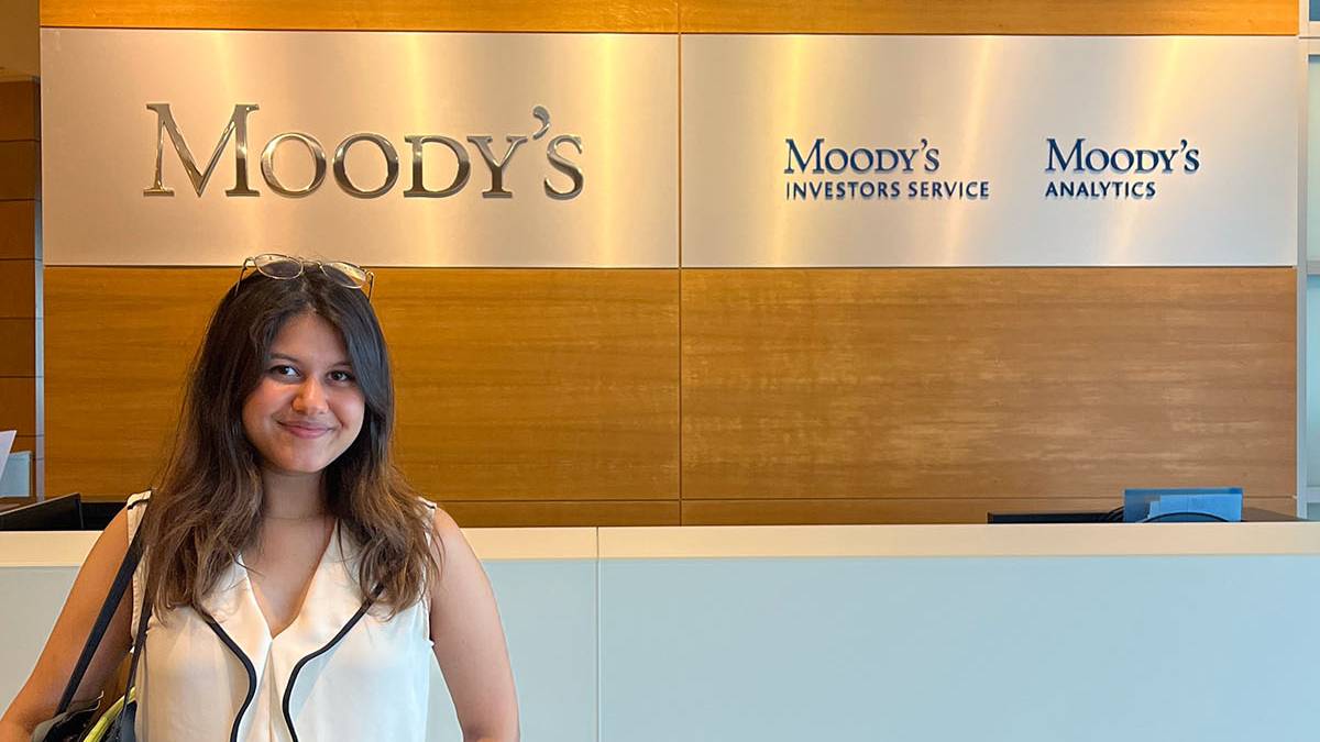 Binghamton student at her summer internship at Moodu's Investors Service.