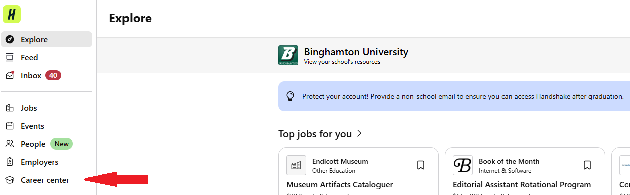 Image showing students how to find the "Career Center" tab on Handshake