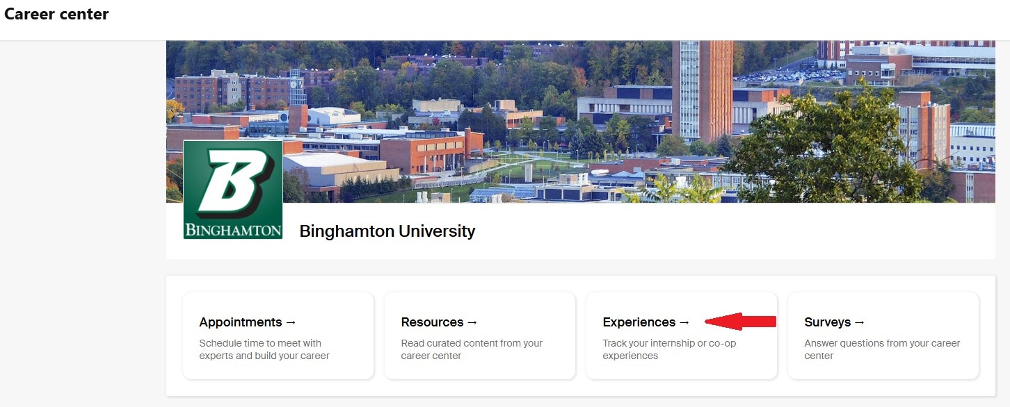 Image shows students how to select "Experiences" in the Handshake Experience software