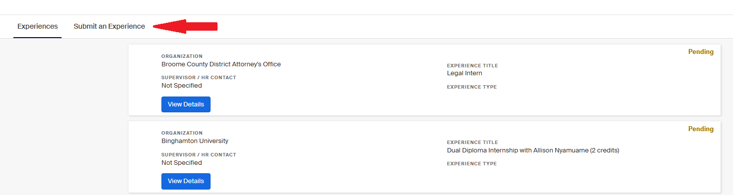 Image shows students how to select "Submit an Experience" on Handshake