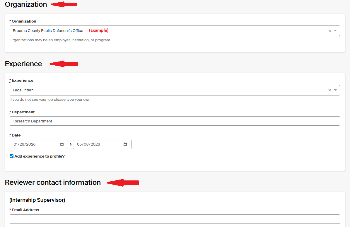 Image shows students how to fill out the general information about their internship in Handshake Experiences