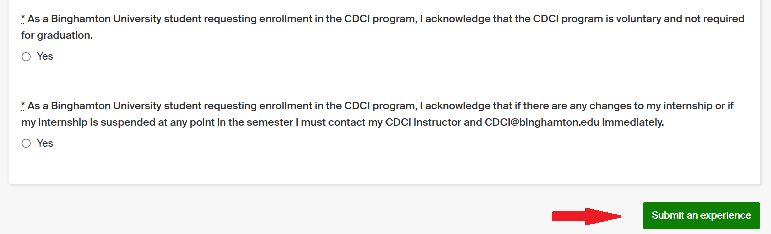 Image shows students how to find the "submit" button on Handshake Experiences
