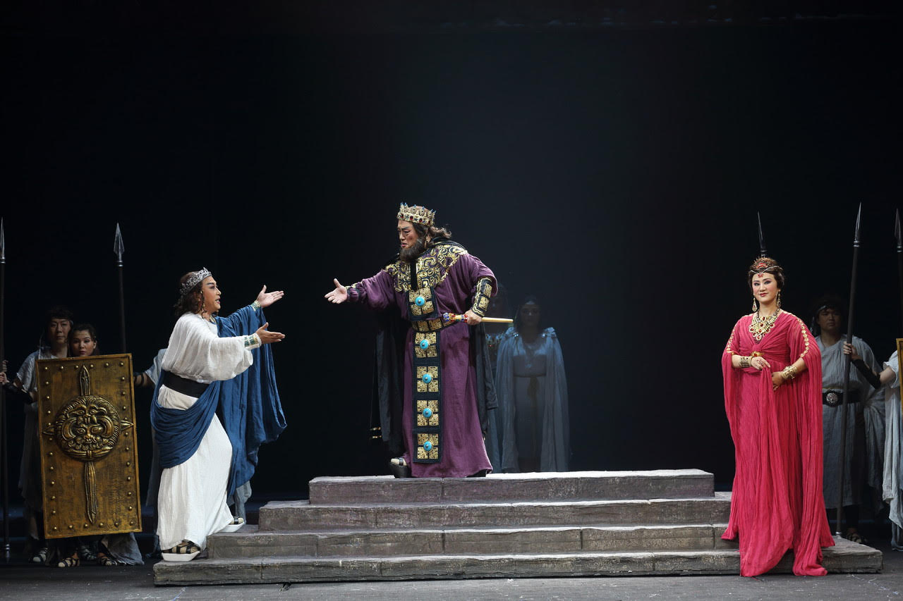 A stage picture of the Ping opera Legend of Two Cities, adapted from the only extant ancient Greek trilogy Oresteia.