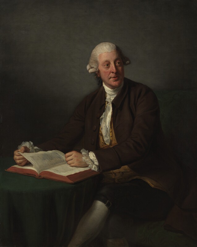  The Irish writer, Arthur Murphy, had a varied career, but was most famous in his time for writing numerous plays – both comedies and tragedies. Murphy was a member of the critic Samuel Johnson’s exclusive dining circle, known as ‘The Club’. This friendship led Murphy to write biographies of Johnson and the actor David Garrick. His sociability and literary interests are referenced in this portrait, which shows him looking up, as if his reading has been interrupted by a visitor.
