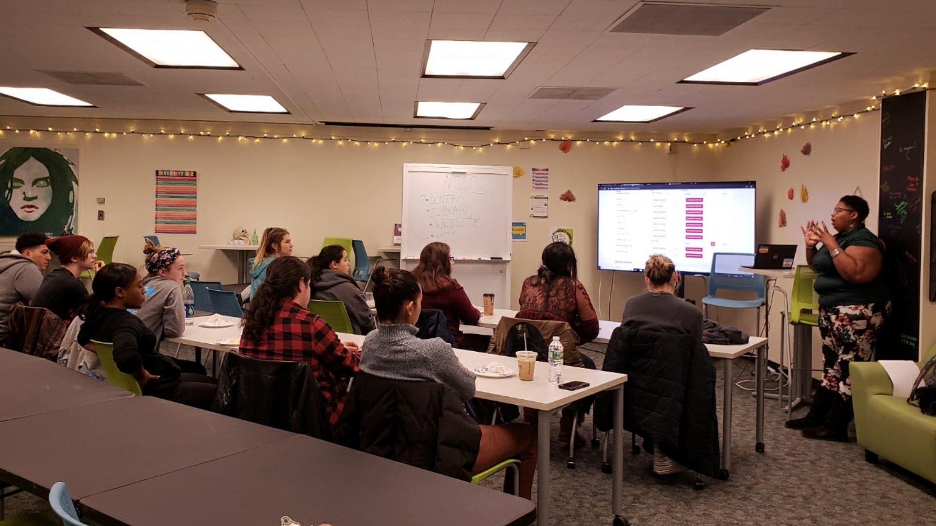 MRC staff member conducting a workshop to a group of students in the MRC Lounge. photo