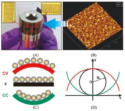 Photo, Image and Scheme showing nanoparticle-structured sensing interfaces on flexible devices