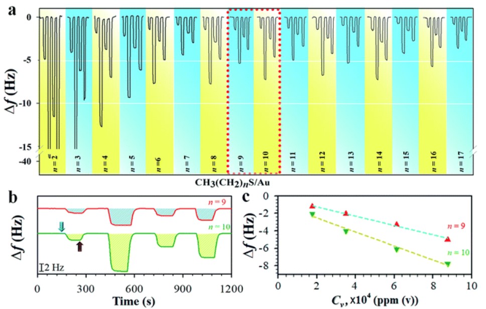 Scheme showing self-assembled monolayer interface and molecular-level sensitivity in VOC sensing