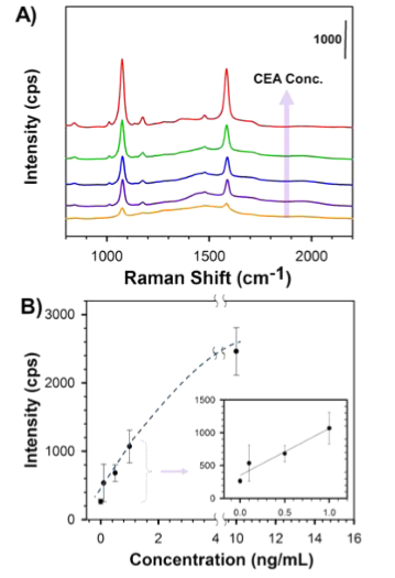Plots and Scheme showing bifunctional nanoparticle enhanced SERS detection of cancer biomarker