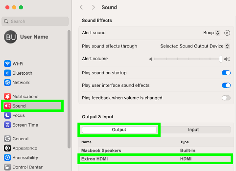 Image apple audio settings with sound icon and output tab highlighted in green