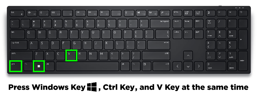 Image of pc keyboard with the Windows Key, Ctrl Key and the V Key highlighted