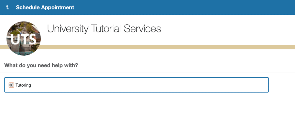 Screenshot of scheduling a University Tutorial Services appoinment in Starfish with Tutoring selected.