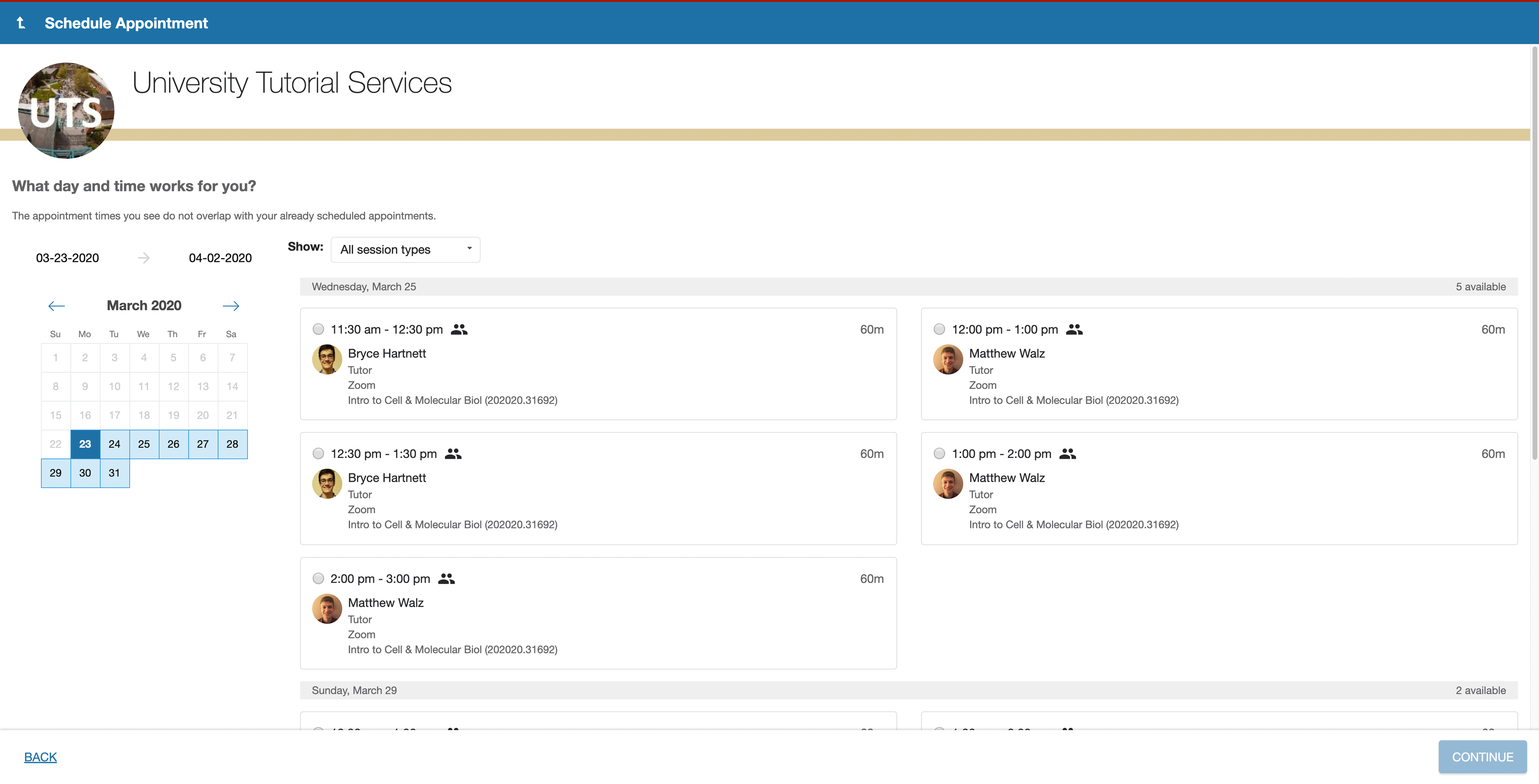 Screenshot of calendar of available tutoring sessions