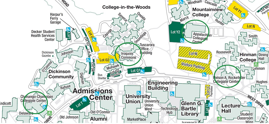 Picture of Binghamton University's Campus Map with circles designating the tutoring locations mentioned