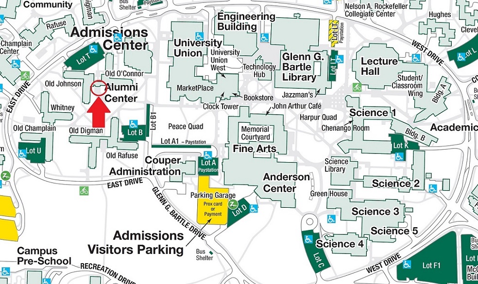 Map of Main Campus with entrance to Old Johnson Hall circled