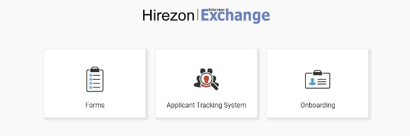 Hirezon Interview Exchange main screen screen shot showing the icons: forms, applicant tracking system, and onboarding