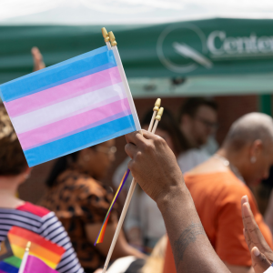 A hand holds up a Trans flag.