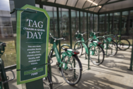 A bicycle rack on campus provided with donor support.