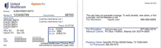 A sample health inurance card showing insurance company and policy holder information on the front and back of the card
