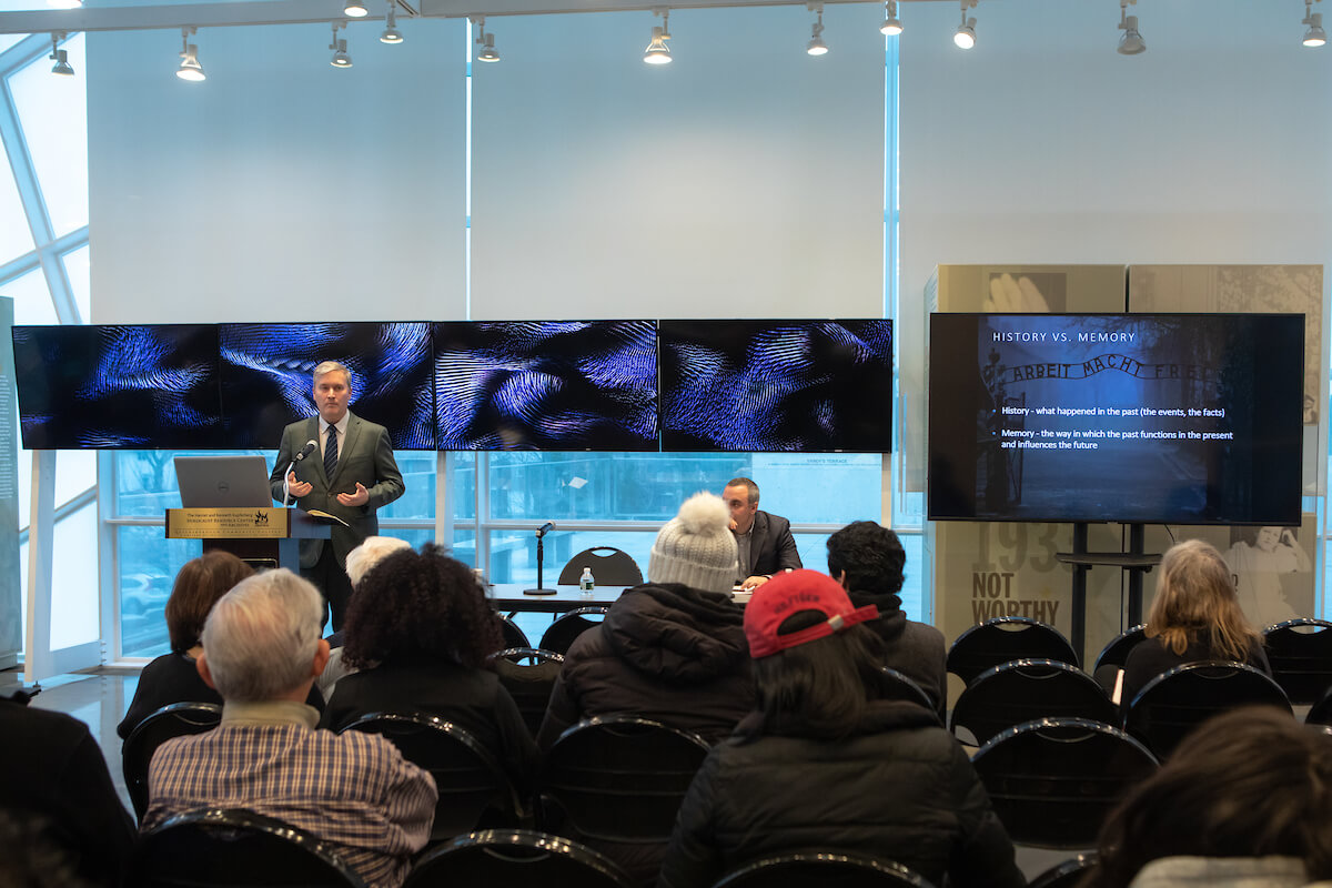 Dr. Whigham delievers remarks at the Kupferberg Holocaust Center