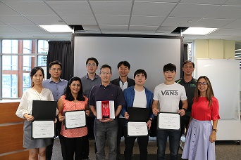 Image:  From left to right: Hongya Lu, Prof. Sang Won Yoon, Irandokht Parviziomran, Prof. Daehan Won, Jae Lee, Director S.B. Park, Jong Ha, Ke Pan, Associate Director Benson Chan, Nourma Khader.