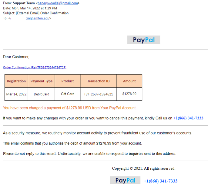 Paypal phishing email scam