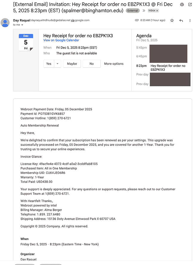Current phishing scam that is a fake invoice receipt with a google calendar link