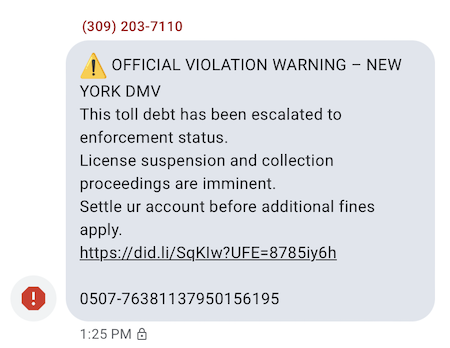 Screenshot - Smishing text scam pretending to be DMV violation warning - click on bad link to settle account/avoid fees. NEVER CLICK ON LINKS you are unsure of.