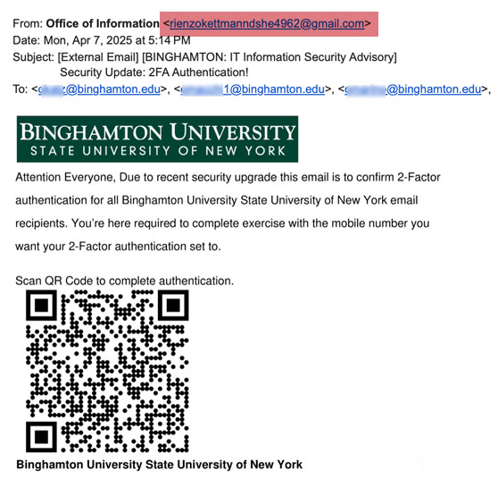 Phishing email scam to CONFIRM 2FA - avoid clicking on any links like this. BINGHAMTON will NEVEr send emails with links to authenticate.