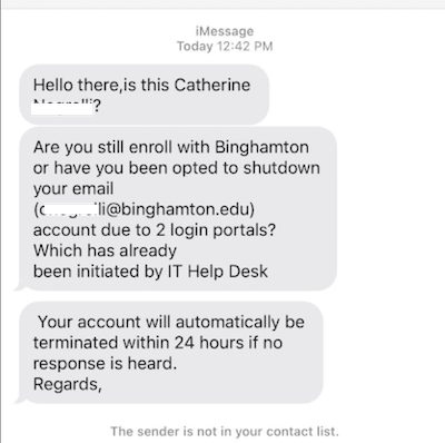 Screenshot - Smishing text scam pretending to be the ITS Help Desk - notice the mistakes