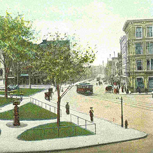 An illustrated view of Main St Binghamton, from a postcard in our collection