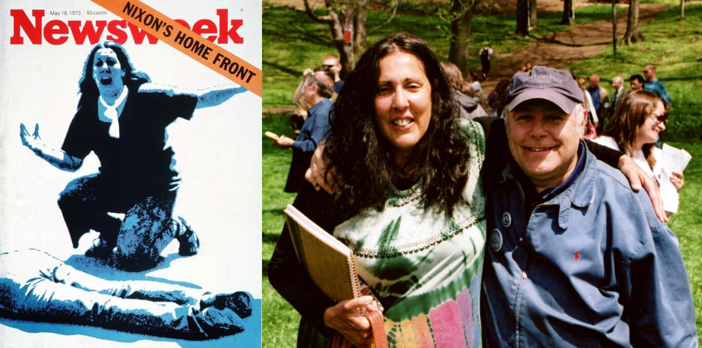 Image: Left: John Filo's Pulitzer Prize winning Newsweek cover of a kneeling 14 year old Mary Ann Vecchio in the wake of Kent State: May 4, 1970 . Right: Mary Ann Vecchio and Stephen McKiernan attending a Kent State Remembrance Day event.