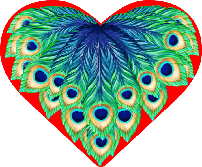 Molly Peacock Heart Logo, a heart made out of green peacock feathers