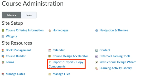 Screenshot of 'Site Resources' menu with 'Import/Export/Copy Components' circled
