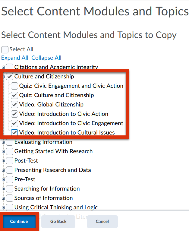 Screenshot of Copy Course Components with select individual items to copy chosen