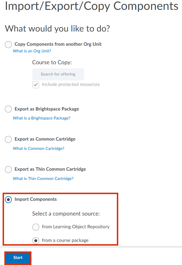 Screenshot of 'Import/Export/Copy' page with import option selected and 'course package' option circled.