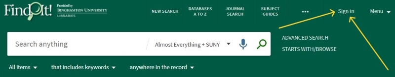 Top navigation in Find It, the Libraries' catalog, with arrows pointing to the text "Sign in"