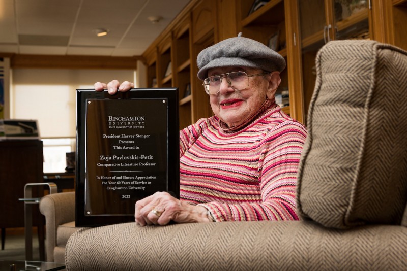 Zoja Pavlovskis-Petit receives a plaque for 60 years of service at Binghamton University