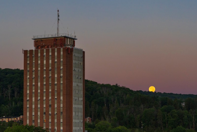 Super blue moon sunset behind Binghamton University's campus