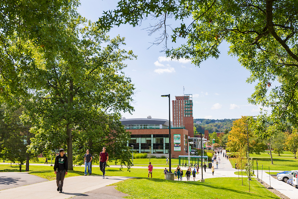 Students walking outside in the Old Dickinson Quad